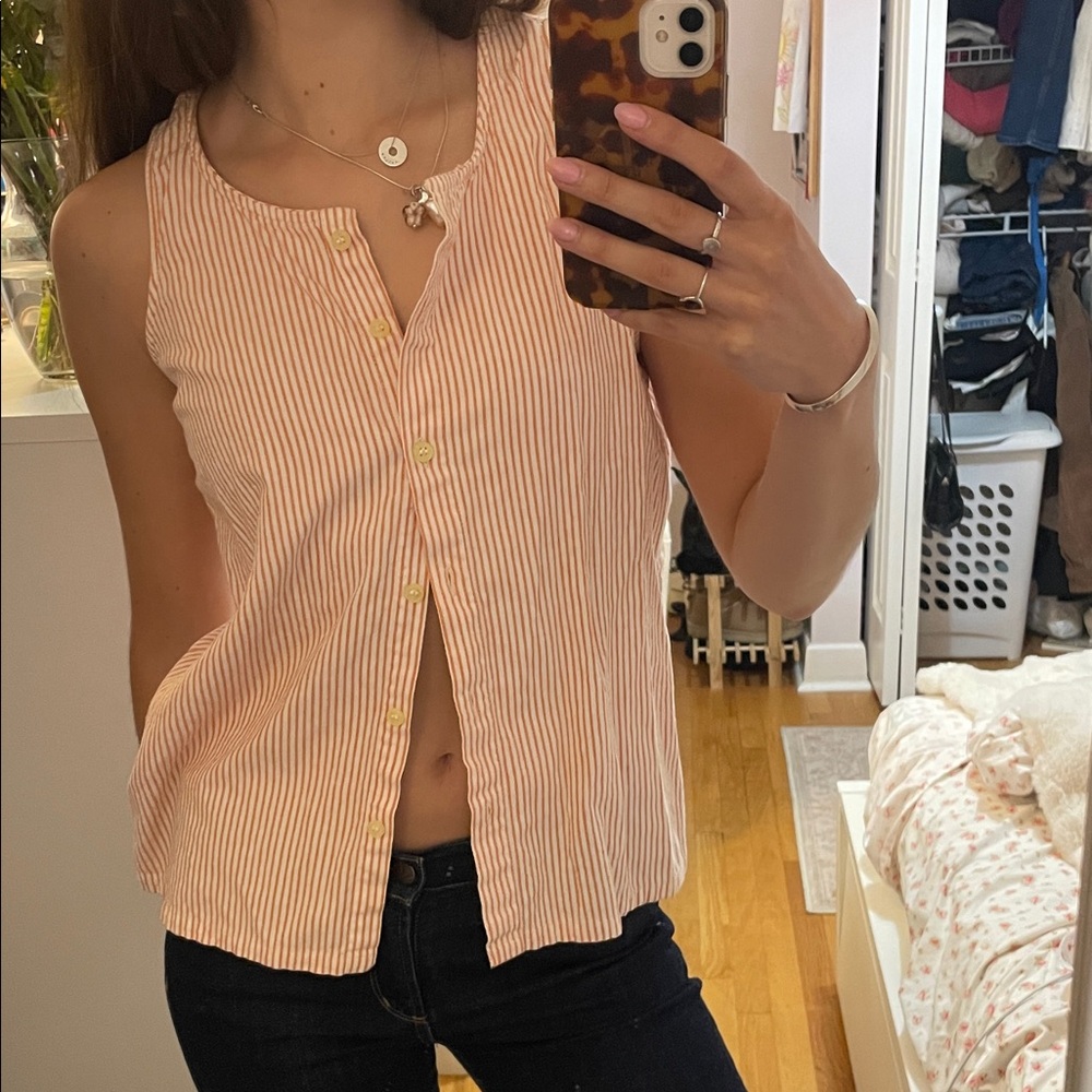 Vintage Striped Sleeveless Button-Up Top